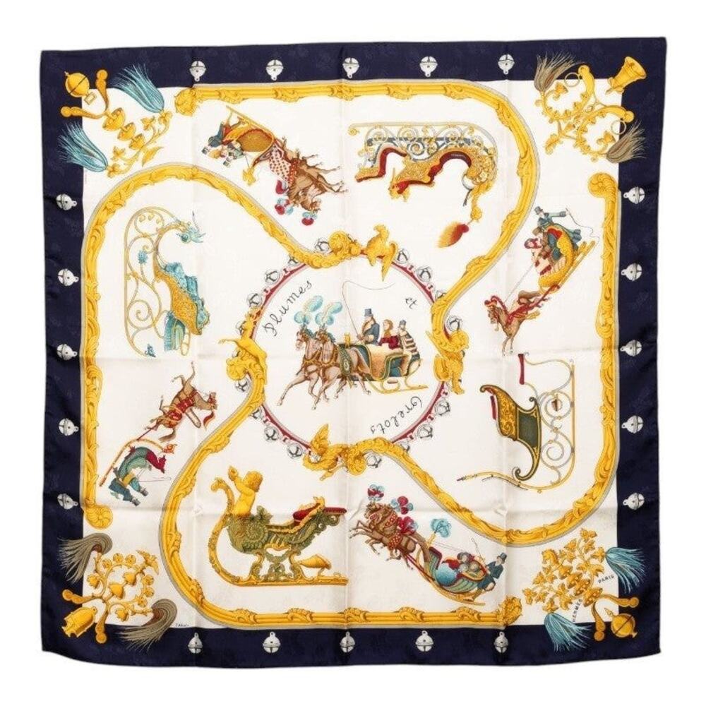 Hermes Carre 90 Plumes et Grelots Scarf Navy